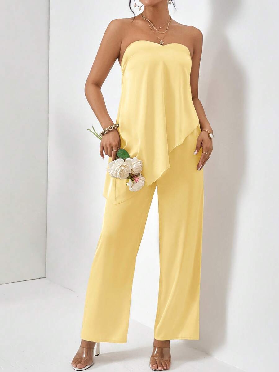 Firerie Conjunto de 2 piezas de top bandeau y pantalones con dobladillo asimétrico de unicolor para mujer - Amarillo claro - Ver 1