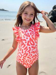 SHEIN Bộ đồ bơi liền thân họa tiết hoa nhiệt đới dễ thương cho bé gái, màu hồng nhuộm tie-dye, đồ bơi, trang phục đi biển. - trái cam - Xem 5