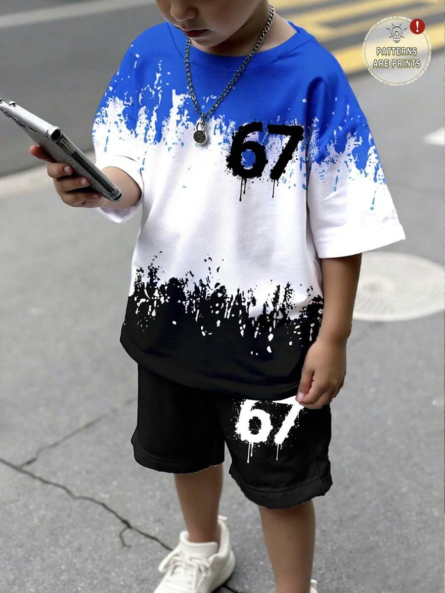 Playful Pals Young Boy Numeric Print Round Neck Short Sleeve T-Shirt And Shorts Casual Set - Multicolor - View 1