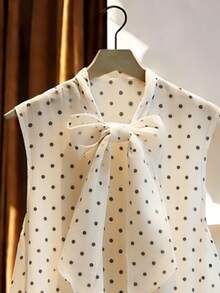 GlowEve Women's Polka Dot Print Tie Collar Ruffle Hem Sleeveless Blouse - Apricot - View 4