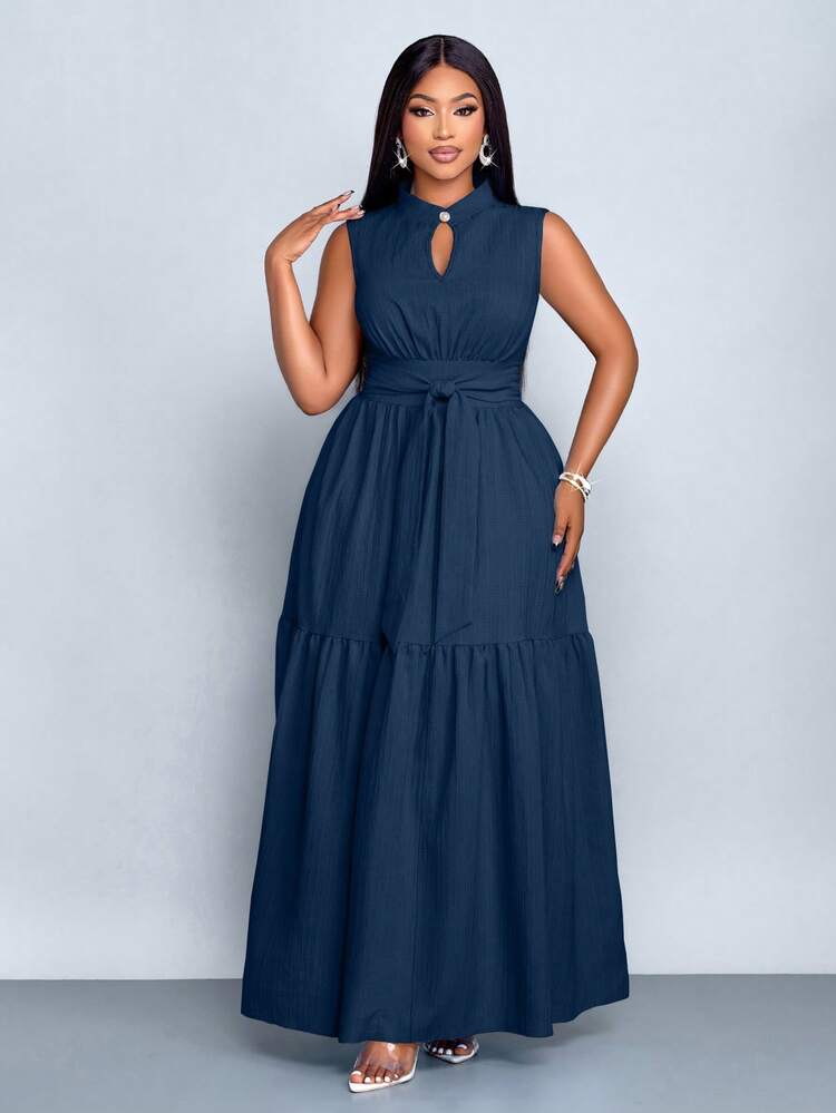 SOLERSUN Plus Size Blue Color Stand Collar Front Cut Out Sleeveless Cinched Waist Tie Knot Dress Women Elegant Casual Fashion Commuter,Going Out Dress,Summer New Women's Clothing - Navy Blue - View 3