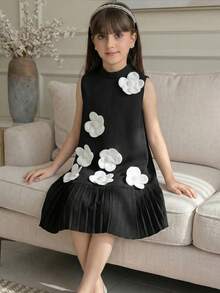 SHEIN Vestido sin mangas para niña preadolescente con cuello mao, manga corta, tejido con bloqueo de color y decoración floral 3D, adecuado para fiesta de cumpleaños, Día de San Valentín - Negro - Ver 6