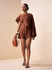 Zivah 2026春夏新款音乐节、复活节、圣帕特里克节、情人节、约会、西部风、游牧风、生日派对、毕业典礼、大学、学生、日常休闲、百搭基础款、休闲、度假、邮轮旅行、海滩、日光浴、热门款、街头风、婚礼宾客波西米亚风、通勤、早午餐、机场、派对、假日郊游、办公装、不对称肩部飘逸连体裤、亚麻棕色连体裤 - 棕色 - 查看 8