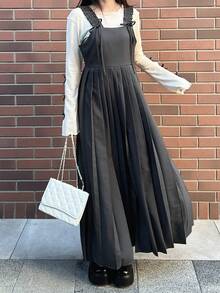 FRIFUL Women's Solid Color Suspender Strap Shoulder Ruched Bow Decor Pleated Hem Loose Casual Versatile Long Dress, Spring Sundress - Grey - View 7