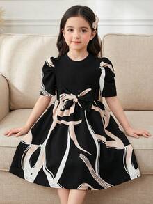 SHEIN 女童针织拼接几何图案休闲连衣裙 - 黑色 - 查看 4