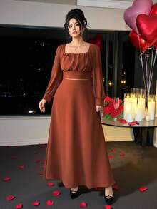 SHEIN Elenzya Bộ đồ nữ cổ vuông tay dài 2 món, áo cổ vuông + chân váy dài, trang phục thường ngày & thanh lịch, phù hợp cho mùa xuân/hè - màu nâu - Xem 6