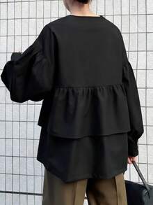 FRIFUL 女士纯色拼接后背宽松休闲百搭衬衫，春季 - 藏蓝色 - 查看 1