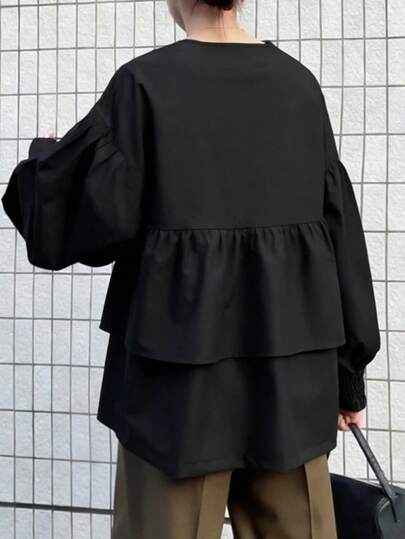 FRIFUL Women's Solid Color Layered Back Patchwork Loose Casual Versatile Blouse, Spring