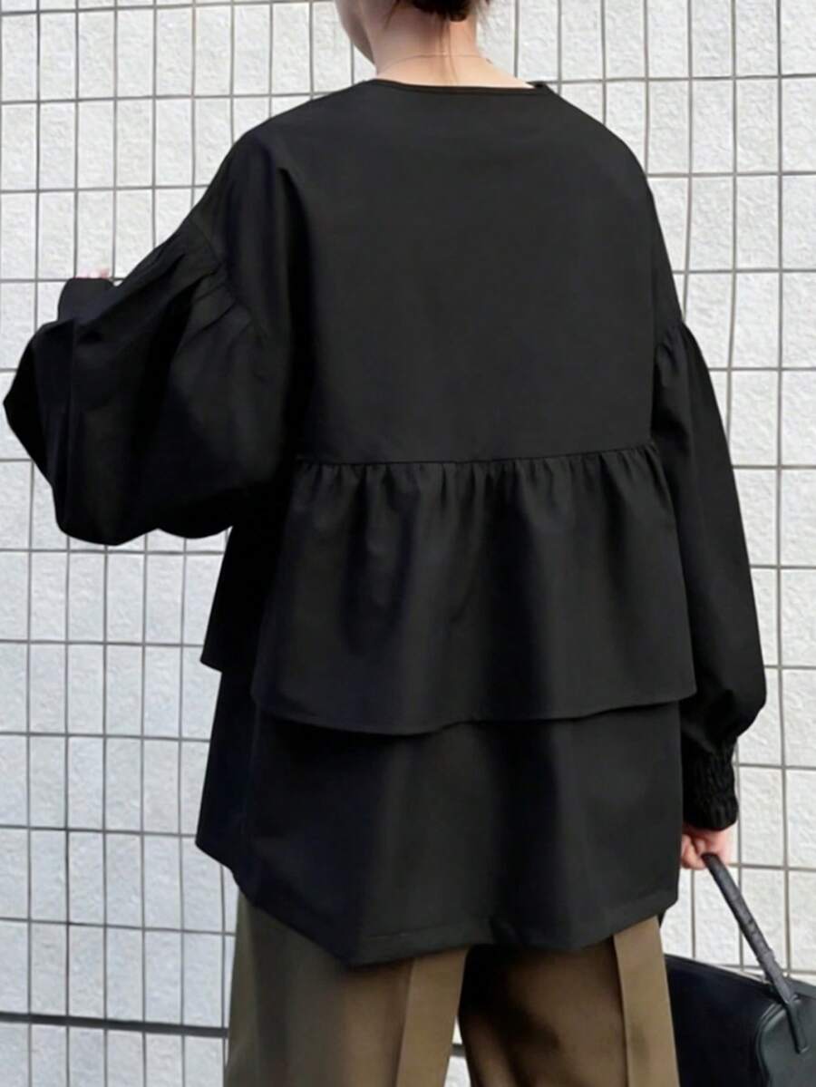 FRIFUL 女士纯色拼接后背宽松休闲百搭衬衫,春季 - 藏蓝色 - 查看 1
