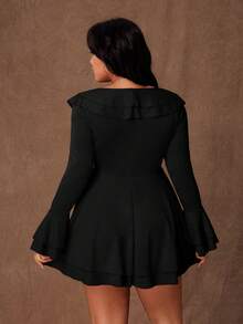 Rustia Sexy Ruffle Tie Strap Bodycon Mini Dress, Unique Design, Slimming Fit, Long Sleeve, Vacation Style - Black - View 2