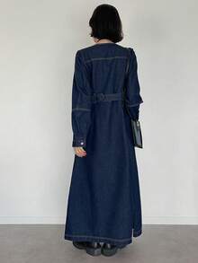 FRIFUL Women's Casual Commuter Front Button Long Denim Dress - Blue - View 4