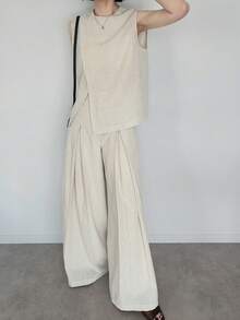 FRIFUL 女士圆领不对称下摆交叉上衣和阔腿纯色长裤两件套 - 米色 - 查看 4