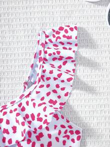 SHEIN Conjunto de traje de baño con estampado, volantes y patchwork, ideal para playa y piscina, para niña preadolescente en el Día de San Valentín - Rosa - Ver 3