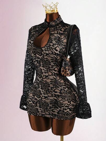 SaltGleam SaltGleam Black Lace Button Collar Hollow-Out Sexy Mini Dress For Women