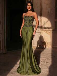 Glamrae Đầm dạ hội dáng đuôi cá gợi cảm, thanh lịch, sang trọng, cao cấp, đa năng, đính ngọc trai và sequin thêu hoa, chất liệu co giãn, xếp ly, có dây đeo vai rời, phù hợp cho đám cưới, sự kiện, tiệc tùng, kỳ nghỉ, dạ hội và các dịp trang trọng. Màu xanh lá cây. - màu xanh lá - Xem 6