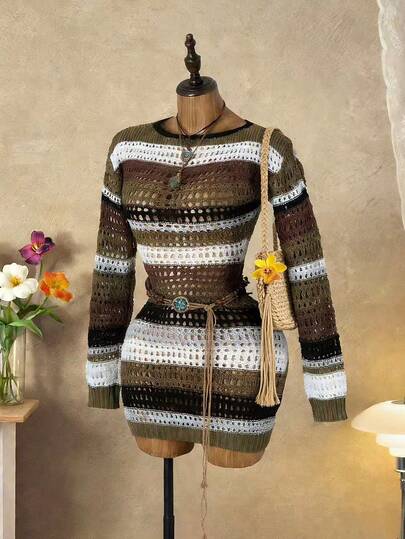 Mistrie Women's Green Striped Hollow-Out Knit Dress, Lightweight Casual Minimalist Mid-Length Dress For Early Autumn