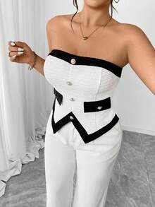 Elenzga Bluză elegantă, mărime plus, cu material elastic texturat, garnitură color block, cu un singur nasture, talie decorativă, tiv asimetric, înfășurată în stilul tivului, pentru ieșiri, întâlniri, adunări, naveta, vacanță - Alb-negru - Vizualizare 6