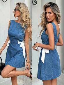 Serisse Women's Casual Cinched Waist Sleeveless Denim Dress, Summer - Blue - View 1