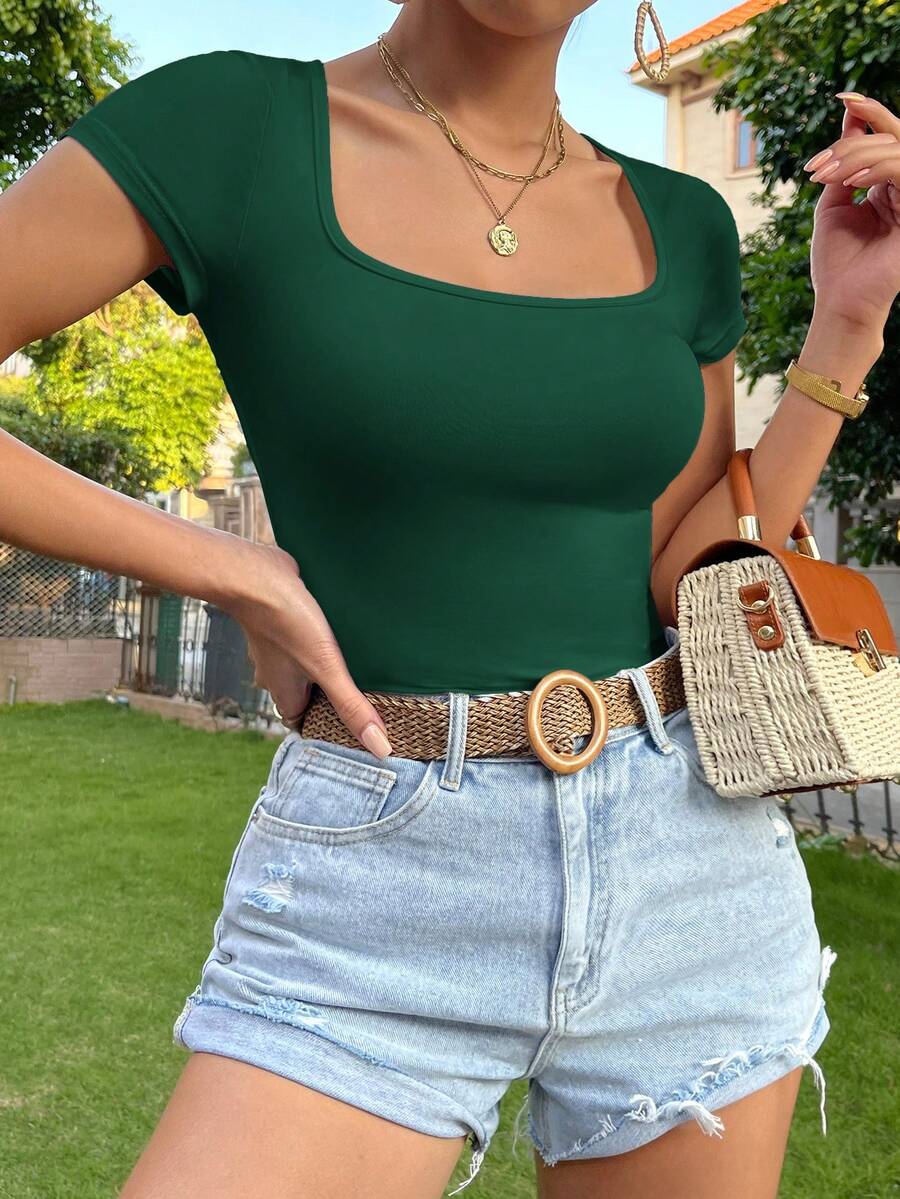 SHEIN Essnce 女士纯色修身休闲日常短袖T恤 绿色露脐上衣 基本款上衣 绿色夏季上衣 方领上衣 祖母绿上衣 绿色 - 墨綠色 - 查看 1