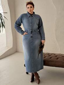 Dazy Plus 大码女士复古休闲翻领半开襟长款直筒牛仔连衣裙，春秋季 - 中等水洗藍 - 查看 2