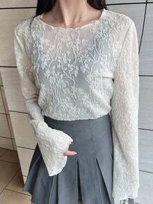 FRIFUL Women's Solid Beige Patchwork Sheer Lace Fabric Flared Sleeve Loose Casual Versatile Blouse - Beige - View 5