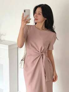DAZY Women's Pink Round Neck Waist Cinched Mid-Length Dress - Pink - View 1