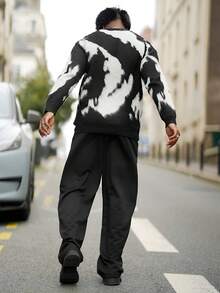 Heavens Edit 男士休闲宽松复古条纹套头毛衣，简约黑白配色，街头风，秋冬款，长袖上衣 - 黑色 - 查看 2