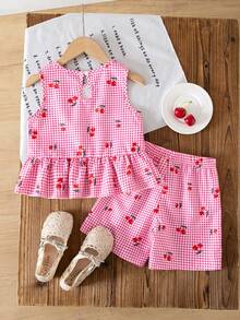 Young Girl Summer Casual Plaid Cherry Print Camisole And Shorts Set - Hot Pink - View 3