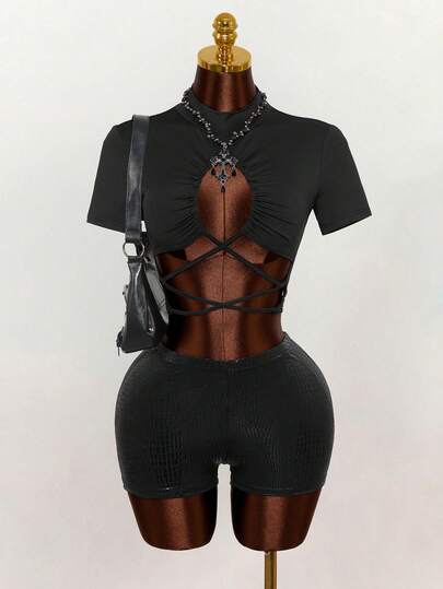 Mistrie New Women's Sexy Round Neck Short Sleeve Tight T-Shirt, With A Cut-Out And Pleated Design On The Chest And A Strap Design, Short And Crop Top Style, Suitable For Nightclubs. Fashionable And Hot Girl's Wear.