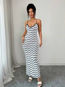 SHEIN Elenzya Wavy Striped Halter Neck Ruffle Trim Spaghetti Strap V-Neck Backless Bow Tie Women Sweater Dress - Multicolor - View 3