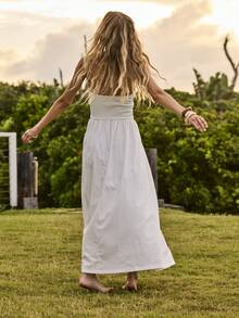 Aralina Women's Scooped Neck Ribbed Halter Neck And Poplin Maxi Dress Summer Dress Beach Dress Casual Long Dresses For Women Everyday Dress - White - View 2