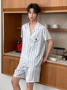 DAZY Summer Striped Multicolor Short Sleeve Shirt Paired With Patterned Embroidered Shorts Men Pajama Set - Multicolor - View 3