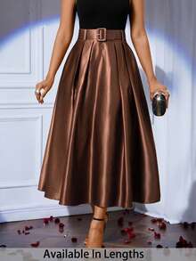 SHEIN Tall CURVE 大码纯色褶裥腰身优雅通勤裙 - 咖啡棕 - 查看 5