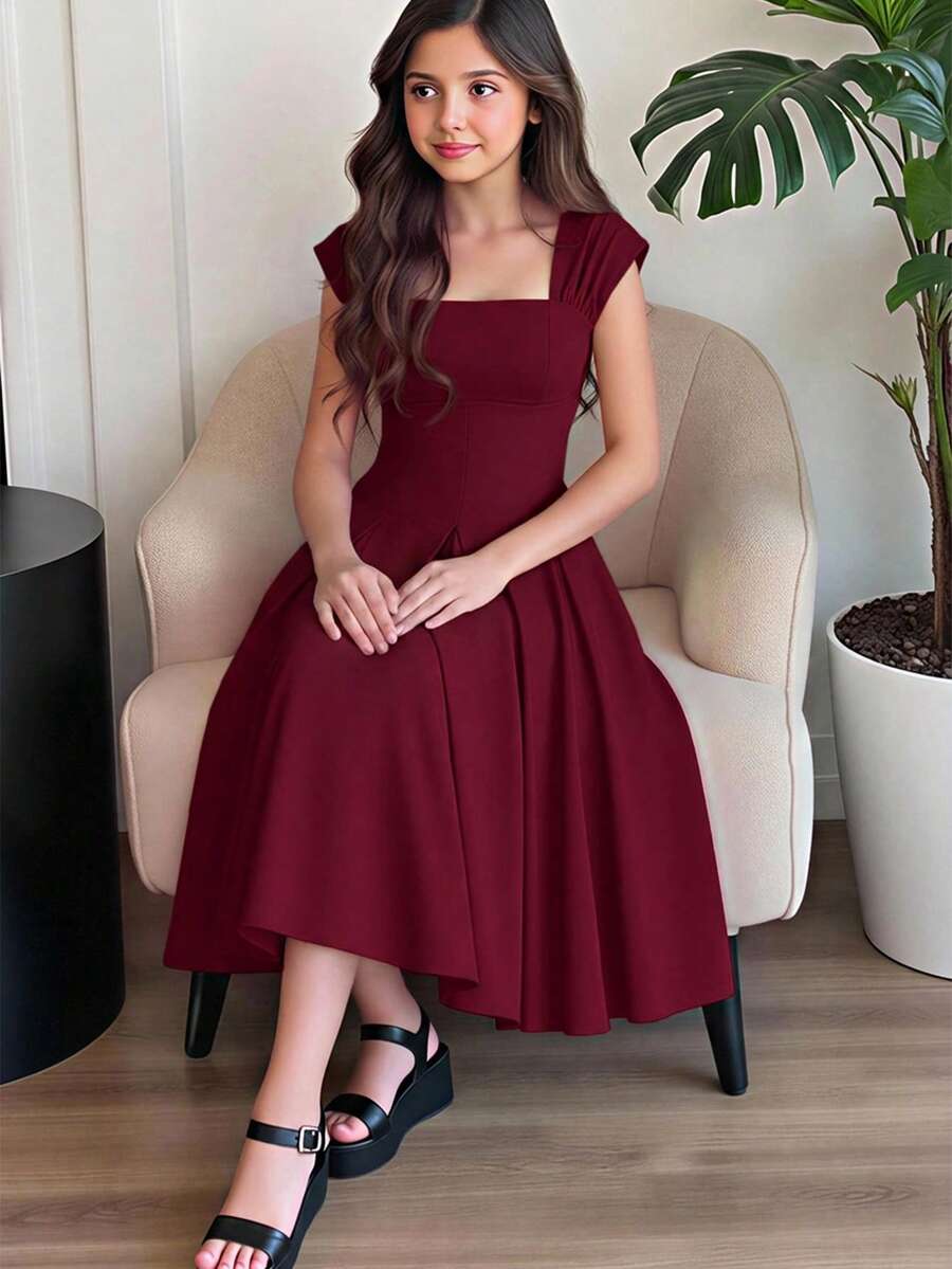 少女優雅無袖寬肩帶收腰百褶大裙擺長洋裝 新年派對禮服 正式洋裝 - 酒紅色 - 查看 1