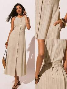 Poéselle Women's Beige Pinstripe Linen-Blend Button-Front Midi Dress – Sleeveless Belted Sundress For Resort, Brunch & Workwear Chic Linen Midi Dress Pinstripe Dress Women Quiet Luxury Outfit Button Front Sundress Sleeveless Belted Dress Summer Resort Wear Casual Striped Front Button Sleeveless Mid-Length Dress, Summer Outfits Beach Dress Casual Dresses For Women - Apricot - View 1