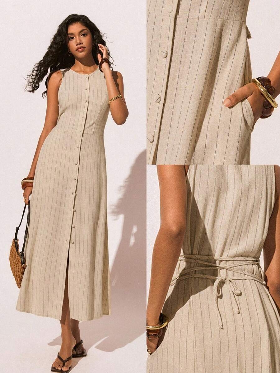 Poéselle Women's Beige Pinstripe Linen-Blend Button-Front Midi Dress – Sleeveless Belted Sundress For Resort, Brunch & Workwear Chic Linen Midi Dress Pinstripe Dress Women Quiet Luxury Outfit Button Front Sundress Sleeveless Belted Dress Summer Resort Wear Casual Striped Front Button Sleeveless Mid-Length Dress, Summer Outfits Beach Dress Casual Dresses For Women - Apricot - View 1