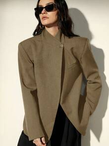 Aveloria Modichic Stand Collar Oblique Lapel Blazer, Crafting A High-End Business Look - Khaki - View 5