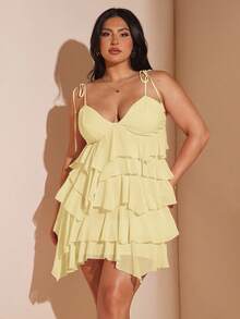 SHEIN BAE 大码夏季海滨度假纯色雪纺蛋糕吊带连衣裙，适合音乐节、婚礼伴娘等场合 - 黃色 - 查看 6