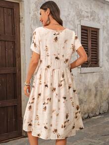 SHEIN LUNE 女士圆领水墨画图案休闲度假约会中长连衣裙 - 彩色 - 查看 2