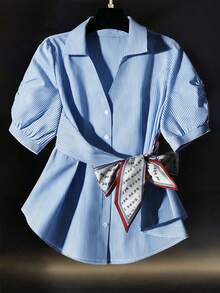 GlowEve CURVE 大码女式蝴蝶结领短袖纽扣宽松A字系带腰身休闲优雅条纹衬衫 - 藍色 - 查看 7