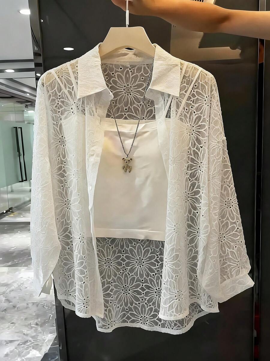 Franclia Women's Summer French Elegant Minimalist Turndown Collar Long Sleeve Hollow Out Embroidery Print Casual Versatile Cardigan Shirt - White - View 1