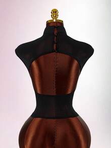 Amplova 女士薄纱花卉上衣，性感露背设计，立领，性感撩人 - 黑色 - 查看 10