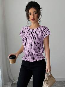 Elenzga Áo thun nữ cổ tròn in họa tiết, eo chun, kiểu dáng đơn giản, tay raglan, thích hợp cho mùa xuân/hè/thu/đông, trang phục dự tiệc, thanh lịch, dạ hội, phù hợp cho mặc hàng ngày, đi làm, mùa cưới/lễ hội âm nhạc. - Màu tím hoa cà - Xem 4