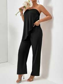 Firerie Bộ đồ thời trang 2 mảnh dành cho nữ, gồm áo quây và quần dài màu trơn, vạt bất đối xứng. - màu đen - Xem 4