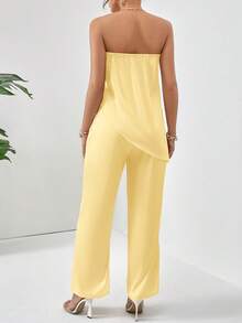 Firerie Conjunto de 2 piezas de top bandeau y pantalones con dobladillo asimétrico de unicolor para mujer - Amarillo claro - Ver 2