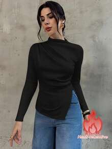Firerie Women's New Design Sense Mock Neck Long Sleeve T-Shirt, Fashionable And Elegant Fitted Undershirt For Autumn/Winter, Side Slit Casual Top, Coffee Color Long Sleeve T-Shirt, Knitted Stretchy Fabric Top, Suitable For Spring, Autumn And Winter, Elegant, Commute, Casual, Daily, Minimalist, Work Wear - Black - View 3