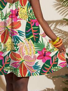 Slaydiva Spring/Summer Women's Sleeveless Halter Mini Dress/New Music Festival/Western /Boho/Easter/Nashville/Birthday/Graduation Student Daily/Casual All-Match Versatile Leisure/Cruise/Travel Beach Sunbathing/Vacation/Vibrant Floral Sleeveless Halter Mini Dress - Multicolor - View 4