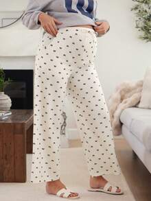 SHEIN 孕妇蝴蝶结印花抽绳腰带口袋阔腿宽松休闲裤 - 卡其色 - 查看 4