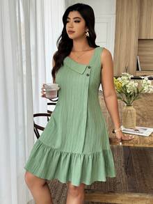 Weeklong Plus Size Women's Asymmetrical Collar Buttoned Textured Fabric Ruffle Hem A-Line Short Sleeveless Dress, Casual Summer Holiday - Green - View 4