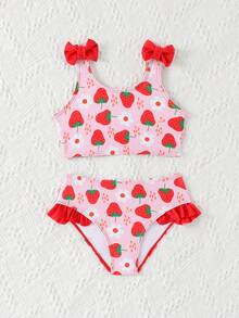 少女可爱休闲红色草莓印花泳装套装，肩部饰有红色蝴蝶结，适合度假，开启夏日时尚之旅。 - 紅色 - 查看 7
